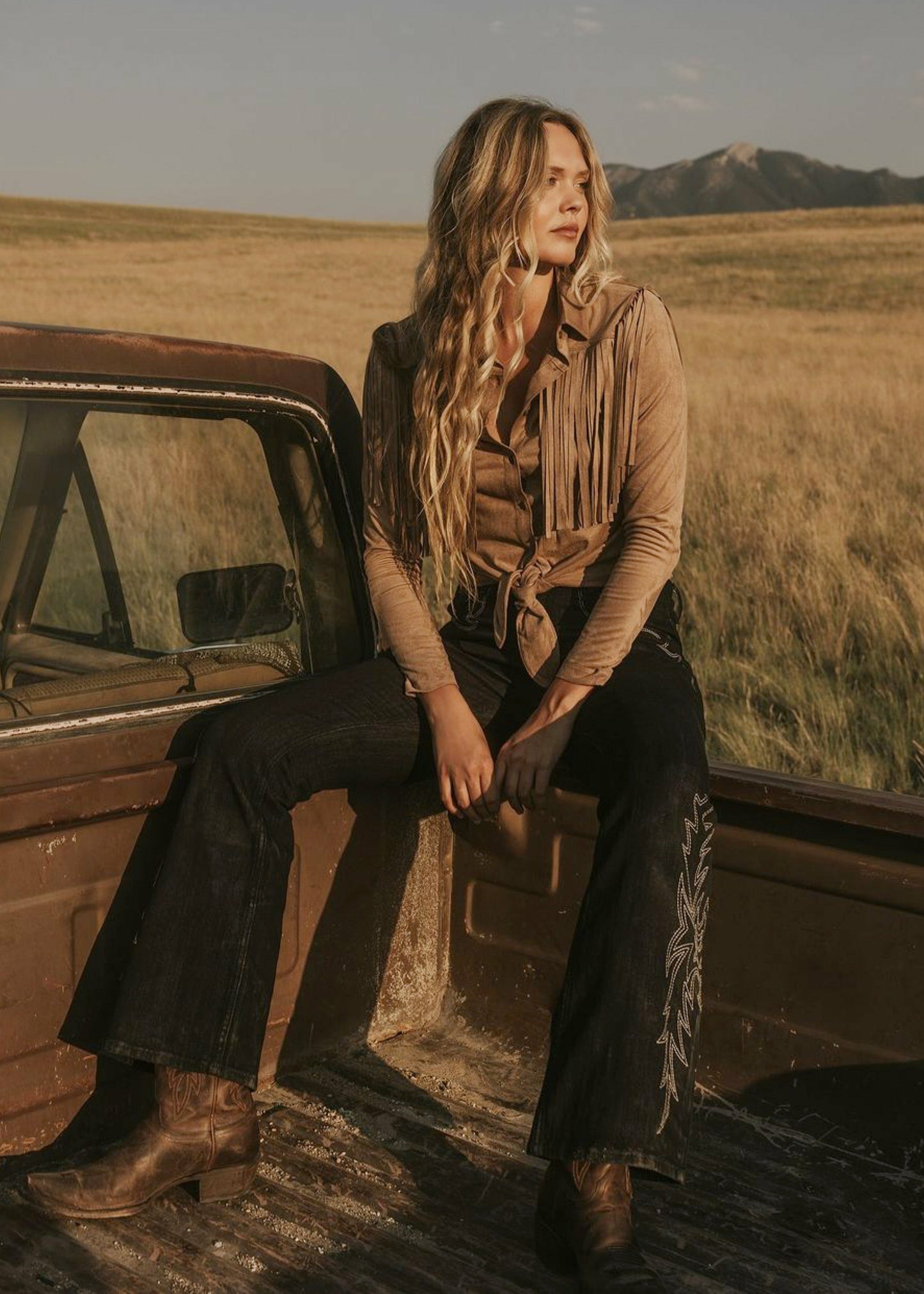 Idyllwind Women | Fate Faux Suede Fringe Long Sleeve Button-Down Tie-Front Shirt