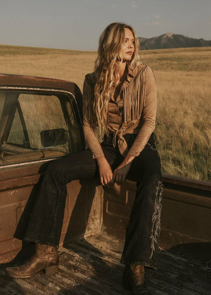Idyllwind Women | Fate Faux Suede Fringe Long Sleeve Button-Down Tie-Front Shirt