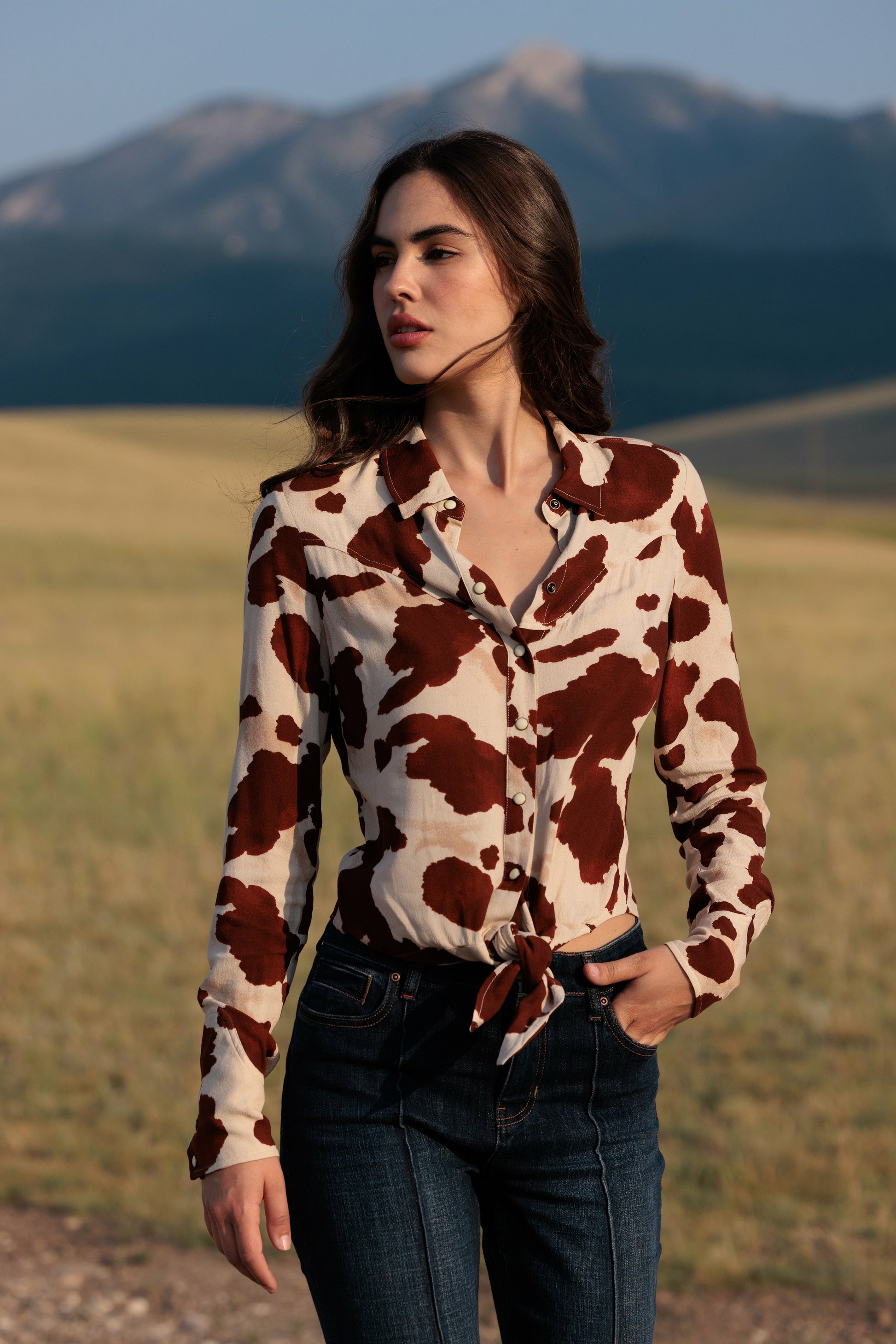 Idyllwind Women | Jeny Cow Print Long Sleeve Snap Tie-Front Western Shirt