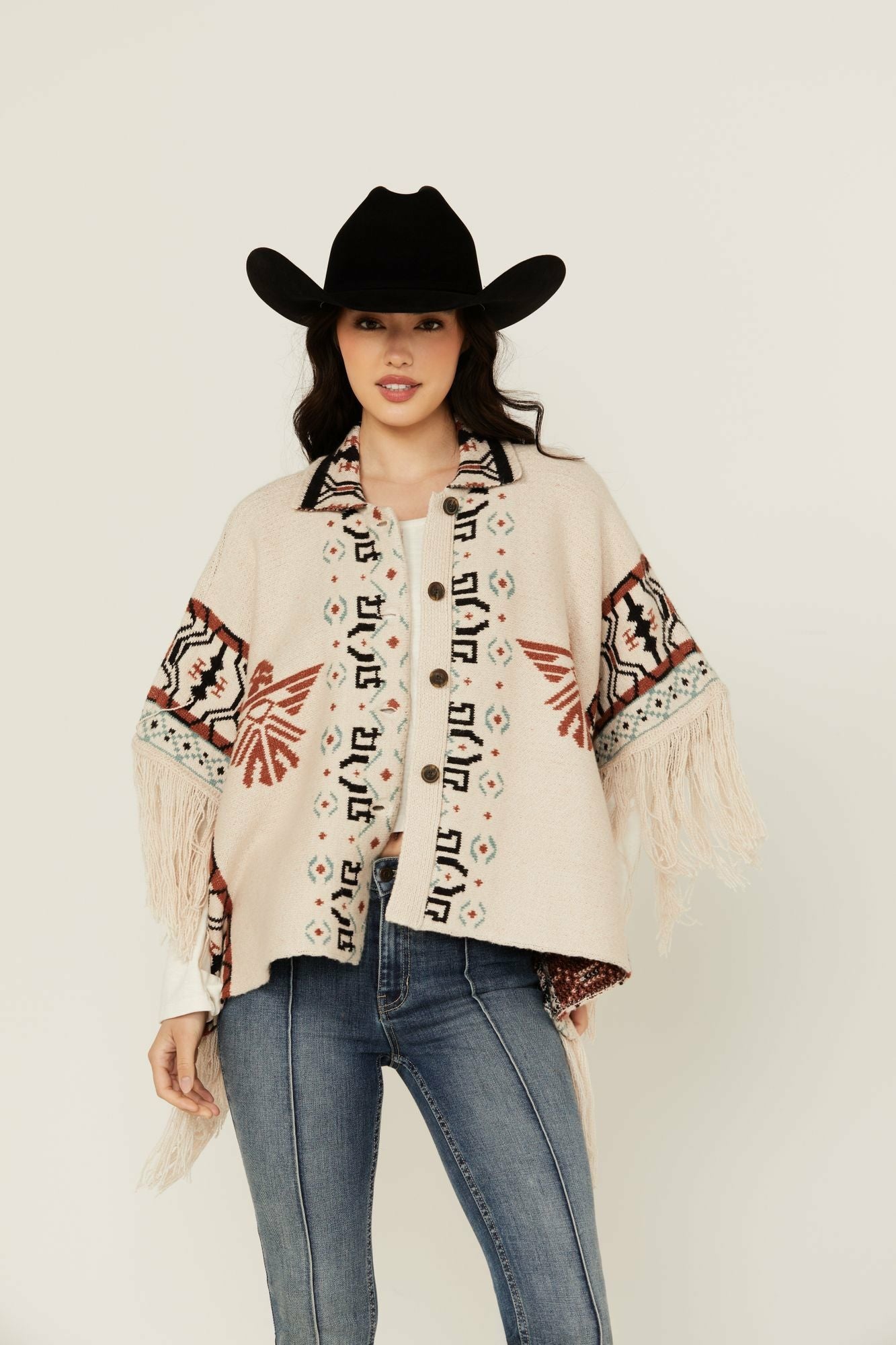 Idyllwind Women | Flyaway Southwestern Print Fringe Button-Down Poncho
