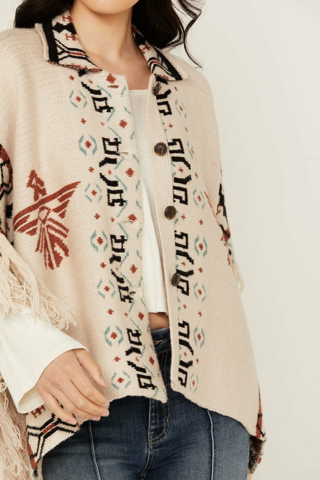 Idyllwind Women | Flyaway Southwestern Print Fringe Button-Down Poncho