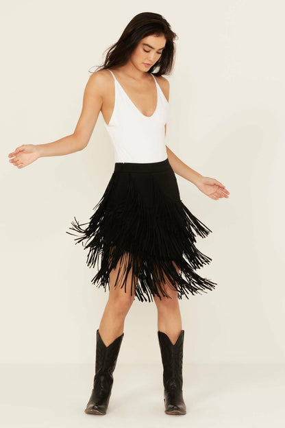 Idyllwind Women | Tina Asymmetrical Faux Suede Fringe Mini Skirt